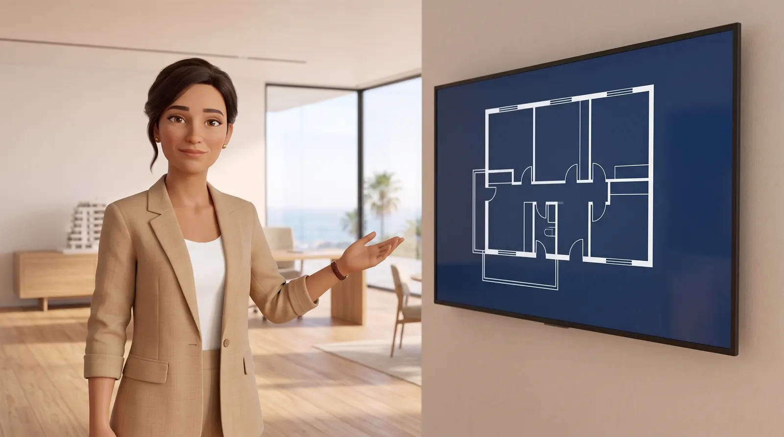 Vera señala una pantalla con el plano de una vivienda